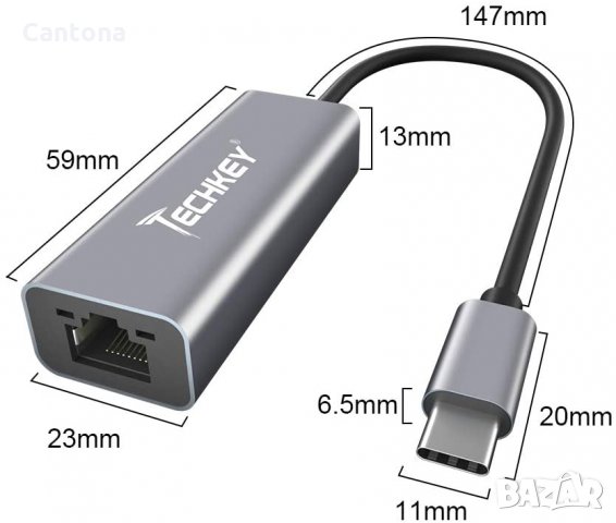 Techkey  USB Type C LAN адаптер 10/100/1000 Mbps, USB to RJ45 Ethernet, ASIX 88179, снимка 4 - Мрежови адаптери - 35462234