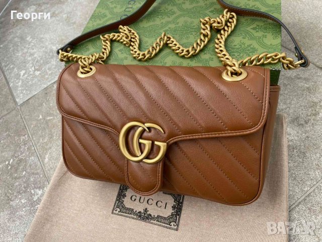 Чантa Гучи Оригинална Златно GG Лого Marmont Кафява Кожа Gucci