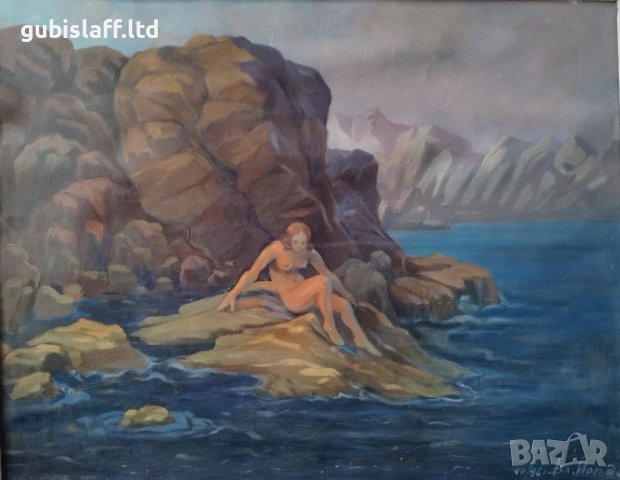 Картина, море,скали, 1961г., худ. Вл. Йорданов (1890-1983), снимка 2 - Картини - 43300949