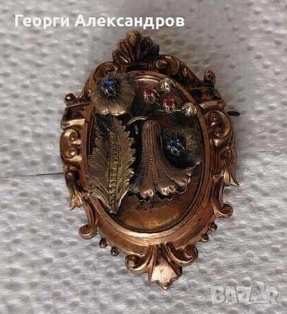 19 ВЕК Старинна Късновикторианска Медна Скъпоценна Дебело Позлатена Ар НУВО Флорална БРОШКА ПЕНДАНТ, снимка 4 - Антикварни и старинни предмети - 53353567