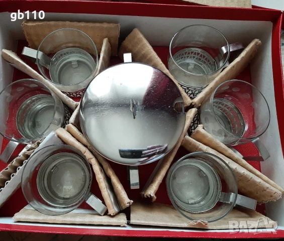 Нов стъклен сервиз за чай с подстакани, снимка 1