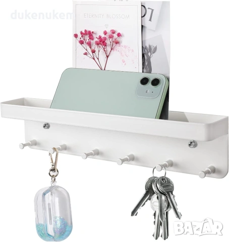 Стенна закачалка за ключове с рафт от неръждаема стомана – 6 куки