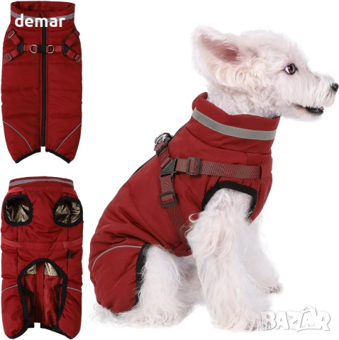 Зимно кучешко палто за кучета Poseca с колан, водоустойчиво, ветроустойчиво, М, червено