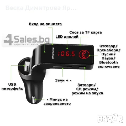 Фм трансмитер за кола  4 в 1 G7 + AUX ( FM, MP3 player, USB hands free) HF3, снимка 10 - Друга електроника - 49159537