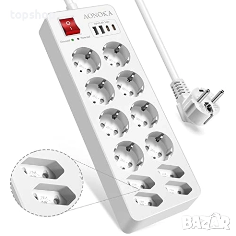 Нов 12-полюсен разклонител с пренапрежение и ключ, стенен разклонител с 12 контакта и 2 USB-C ...