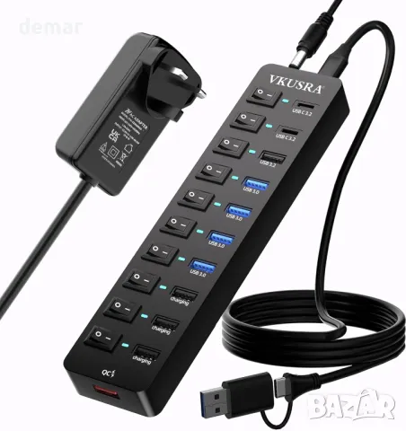 Захранван USB хъб, VKUSRA 11-портов USB 3.2/USB C хъб с 10Gbps USB-A и 2 USB C 3.2 порта