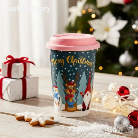 Порцеланова Коледна чаша със силиконов капак, снимка 3 - Чаши - 52484729