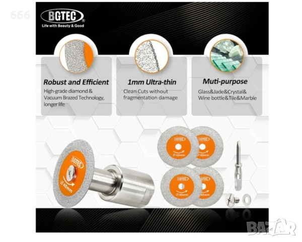 BGTEC Диамантен мини нож за рязане на стъкло - 5 бр. 1 9/16" (40 мм), снимка 3 - Други инструменти - 53446565