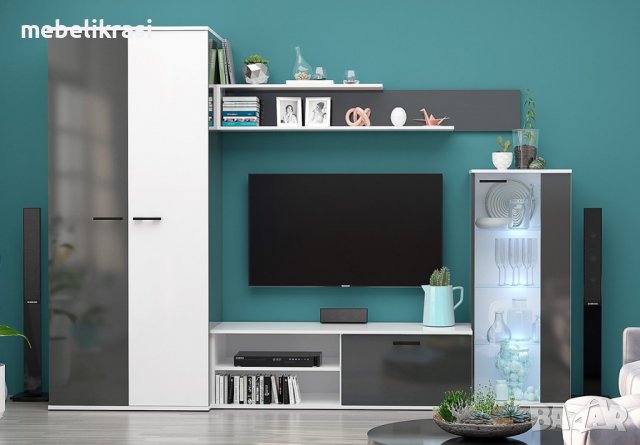 Секция за хол Осло 260/53/190 см.с led осветление, витрина, бял гланц/антрацит гланц, снимка 1