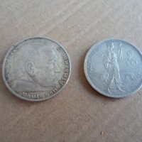 2 сребърни монети,5 РАЙХСМАРКИ/1936,2 ЛЕИ/1910, снимка 2 - Нумизматика и бонистика - 35037140
