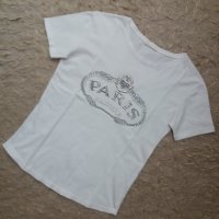 СТРАХОТНА бяла тениска със сребрист надпис с перли и камъчета по него, снимка 1 - Тениски - 36838217