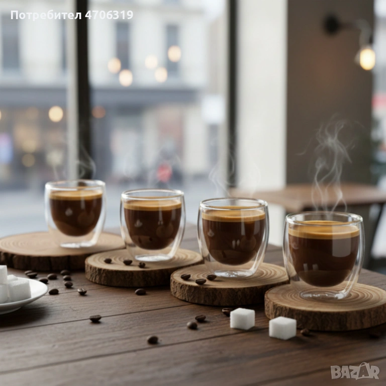 Термоустойчиви чаши за еспресо с двойно дъно -комплект 4бр,65мл., снимка 1