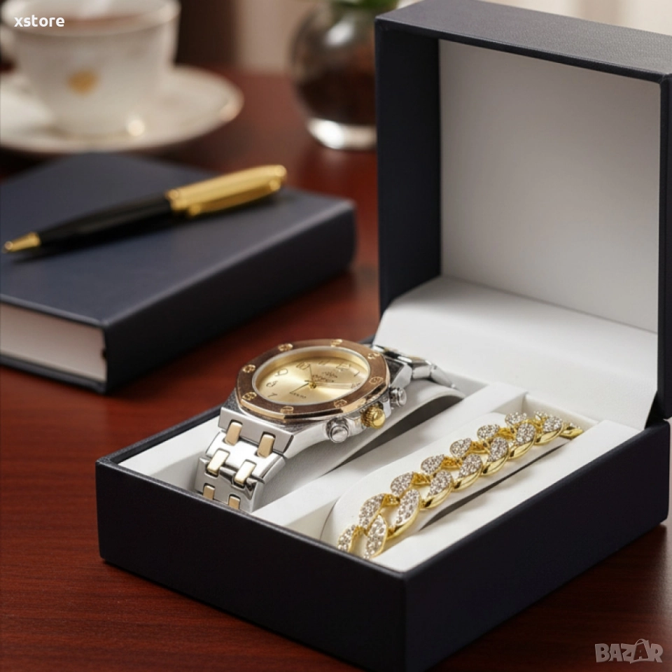 Модерен унисекс часовник със златист циферблат и блестяща гривна, снимка 1