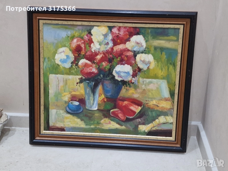 Маслена картина цветя натюрморт с диня, снимка 1