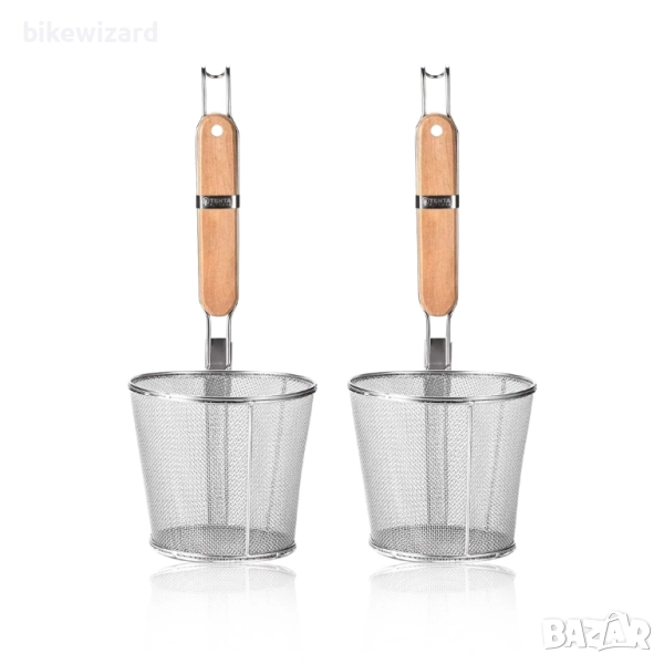 2 броя кошница за цедка за паста от неръждаема стомана с фина мрежа и дървена дръжка НОВИ, снимка 1