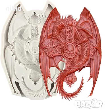 Голям дракон змей на кръст с череп силиконов молд форма фондан шоколад гипс украса декор , снимка 1