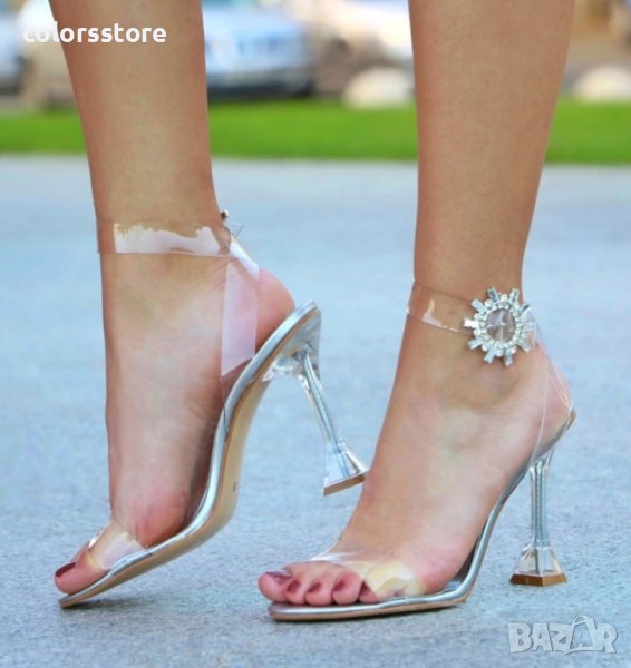 Сандали на ток - прозрачен силикон със сребрист акцент - S6020, снимка 1