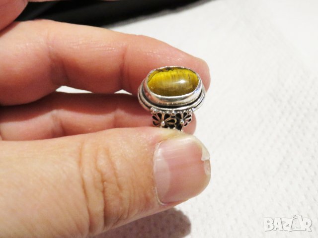 Стар пръстен  с флорални елементи - филигран и голям камък тигрово око - красота за ценител, снимка 3 - Пръстени - 33099097