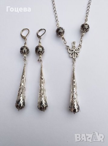 Разкошен комплект бижута с камъни Хематит и богати орнаменти в цвят сребро, снимка 5 - Бижутерийни комплекти - 33608565