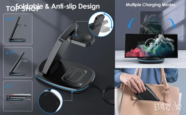 Безжично зарядно устройство 3 в 1, сгъваема станция за бързо зареждане,Samsung,iPhone,Huawei,Xiomi, снимка 7 - Безжични зарядни - 48648213