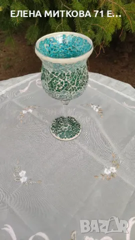 Уникален масивен стъклен свещник тип бокал с мозайка, снимка 2 - Декорация за дома - 50437601