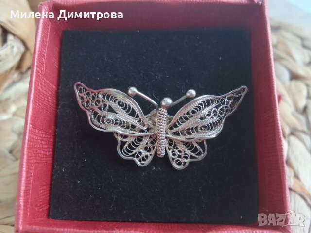Сребърна брошка Пеперуда от филигран, снимка 2 - Колиета, медальони, синджири - 43620877