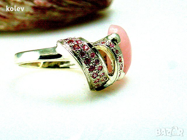 АВТОРСКИ Сребърен пръстен с РОЗОВ КВАРЦ и розови циркони/ размер 59-60, снимка 5 - Пръстени - 28507441