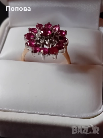 Винтидж златен пръстен с диаманти и рубини ръчна изработка , снимка 8 - Пръстени - 52490240