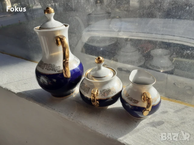 Руски порцелан троен сет позлата и кобалт маркировка, снимка 2 - Антикварни и старинни предмети - 50966610