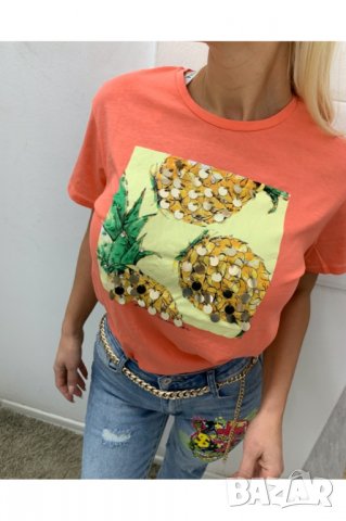 Тениска със ананас и пайети във корал,черен и бял цвят, снимка 4 - Тениски - 28967507