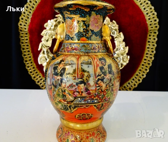 Порцеланов свещник Satsuma,злато,бронз,печат. , снимка 2 - Антикварни и старинни предмети - 52258434