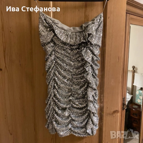 Нова уникална парти коктейлна блестяща вечерна рокля zara сребърни пайети , снимка 14 - Рокли - 45060886