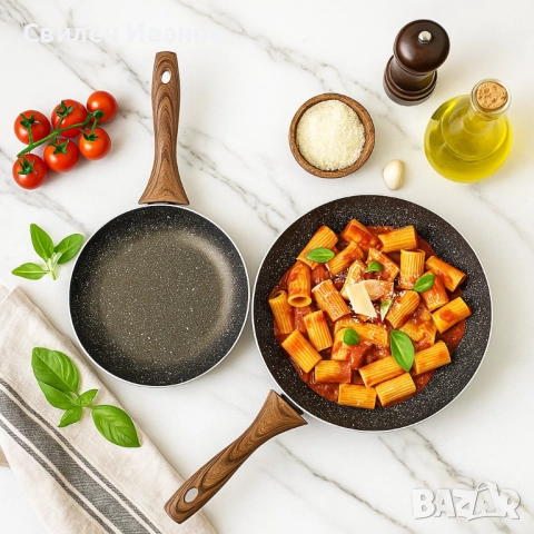 Комплект тигани 9Tnine-4419, 22/26см, Мраморно покритие, Кован алуминий, снимка 2 - Съдове за готвене - 51505561