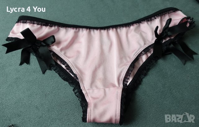 М розови сатенирани изрязани бикини/бразилиани с черни жартиери, снимка 9 - Бельо - 40501245