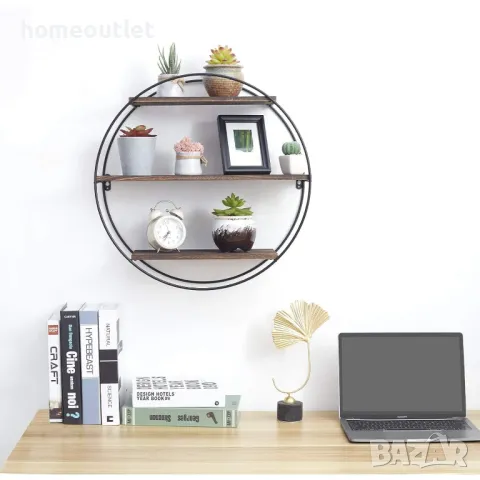 ПРОМОЦИЯ Кръгъл рафт за стена от борова дървесина с 3 нива UNHO XJJ462, снимка 4 - Етажерки - 49115918