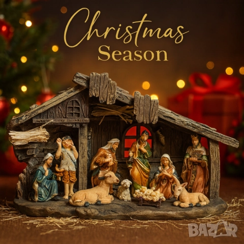 Коледна декоративна сцена с фигурки на Светото семейство – символ на любов и хармония