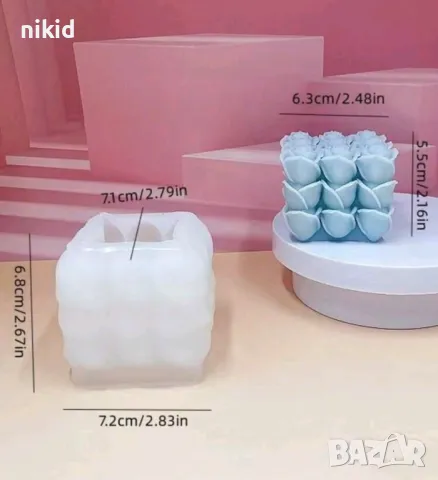 3D Кубче куб 3 реда рози розички силиконов молд форма фондан гипс свещ шоколад, снимка 2 - Форми - 49187262