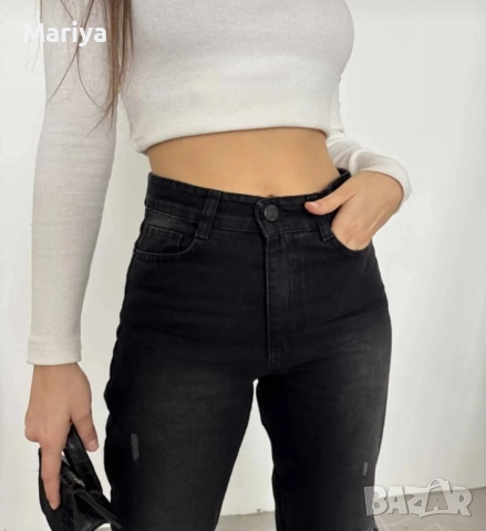 Черни скъсани дънки С размер с висока талия, снимка 2 - Дънки - 52086395