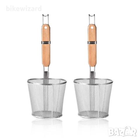 2 броя кошница за цедка за паста от неръждаема стомана с фина мрежа и дървена дръжка НОВИ, снимка 1