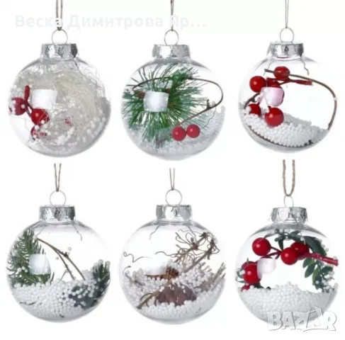 Комплект от 6 прозрачни топки за елха пълни с коледна декорация