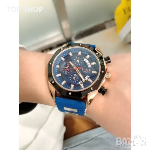 Мъжки спортен часовник хронограф с масивен цифеблат и силиконова каишка с орнаменти в розово злато, снимка 2 - Мъжки - 48787385