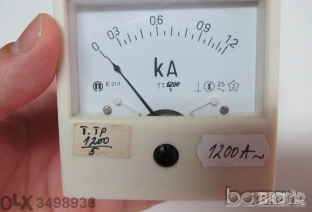 Амперметър 0-1200A~ за т. трансформатор 1200/5А с размери ;80х80мм - Български.