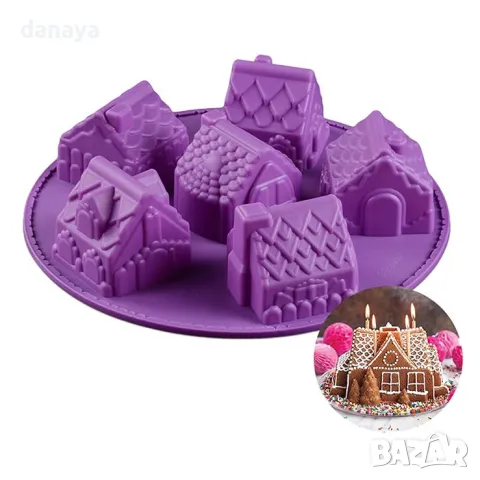 5628 Кръгла силиконова форма коледни къщички, 6 гнезда, снимка 2 - Форми - 48648034