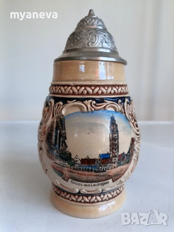 Халба за бира, немска с богата орнаментика и метален капак . , снимка 2 - Чаши - 50819969