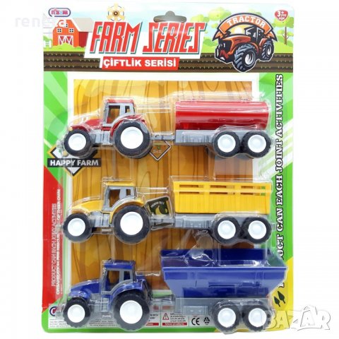 Комплект трактори за игра , Пластмасови, 3 броя, Многоцветни