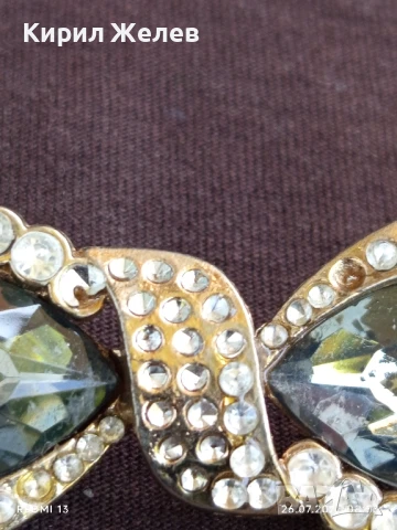 Ретро брошка тип папионка с сребристи кристали и зелени полу скъпоценни камъни 38846, снимка 3 - Антикварни и старинни предмети - 51145823