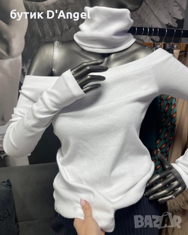Бяла блуза с голи рамене и поло яка, снимка 2 - Блузи с дълъг ръкав и пуловери - 43956075