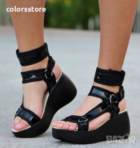 Сандали на плаформа - черен лак с черно ходило - SK017, снимка 2 - Сандали - 36317915