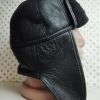 Телешка кожена ушанка, мъжка черна шапка мтш - 76, снимка 2 - Шапки - 43327080