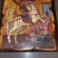 Голяма дървена икона на св.Георги. Много запазена. Внос от Гърция, снимка 7 - Икони - 43135708